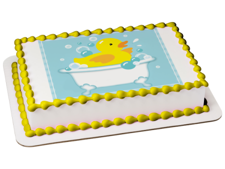 Rubber Ducky Bathtub Bubbles Blue Background Edible Cake Topper Image ABPID13572 Supply