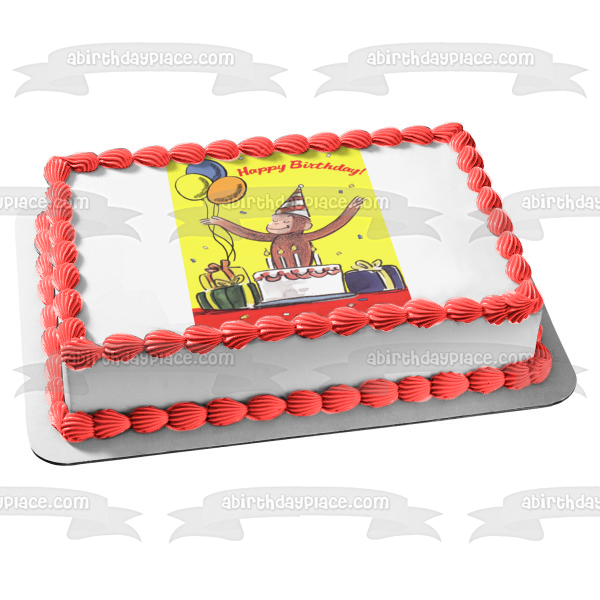 Curious George Happy Birthday Cake Hat Balloons Presents Edible Cake Topper Image ABPID08340 Cheap