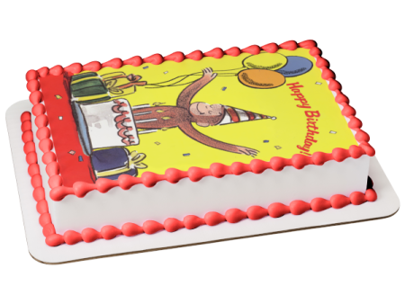 Curious George Happy Birthday Cake Hat Balloons Presents Edible Cake Topper Image ABPID08340 Cheap