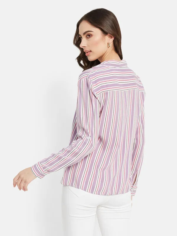 Vertical Stripes  V Neck Shirt With Collar For Cheap