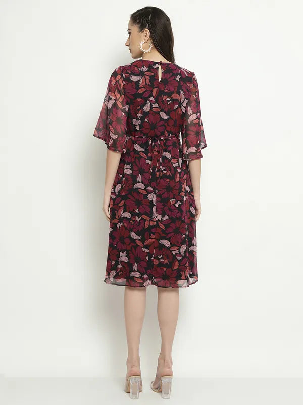 Mettle Floral Printed Flared Sleeves A-Line Dress For Cheap