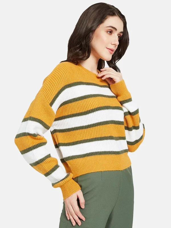 Mettle Women Yellow  Green Striped Pullover on Sale