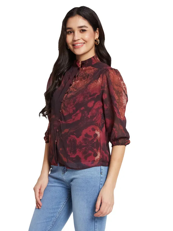 Mettle Floral Print Mandarin Collar Puff Sleeve Cotton Shirt Style Top For Cheap