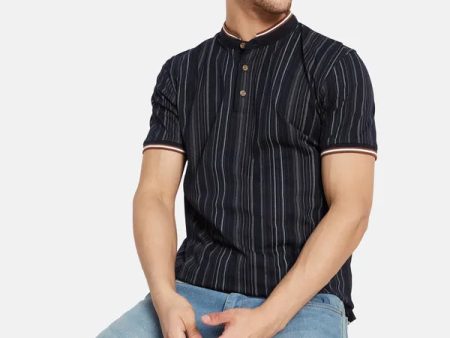 Vertical Stripes Mandarin Collar T-Shirt Sale