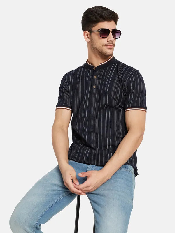 Vertical Stripes Mandarin Collar T-Shirt Sale