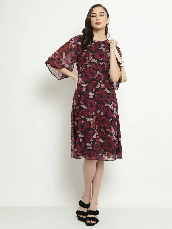 Mettle Floral Printed Flared Sleeves A-Line Dress For Cheap