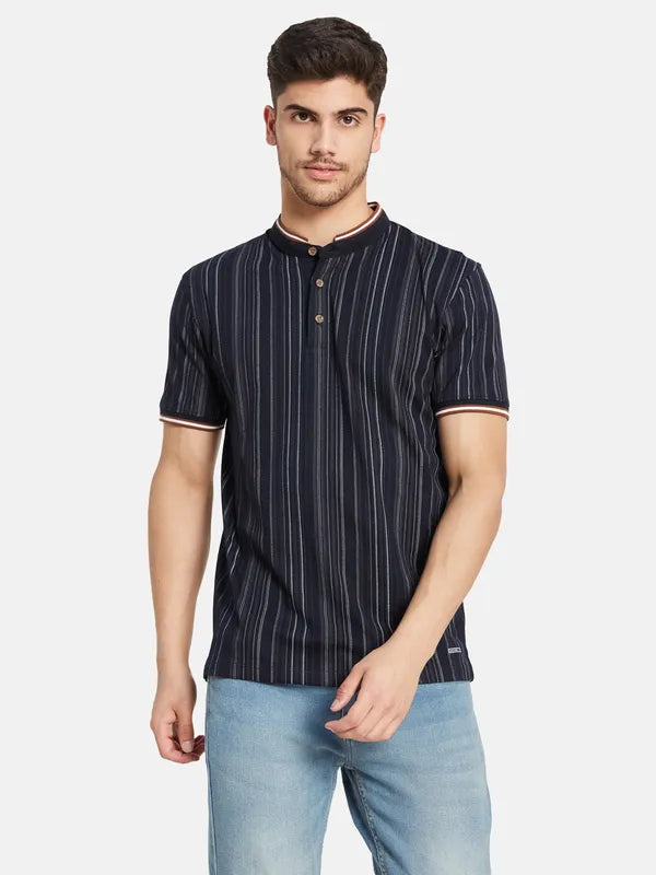 Vertical Stripes Mandarin Collar T-Shirt Sale