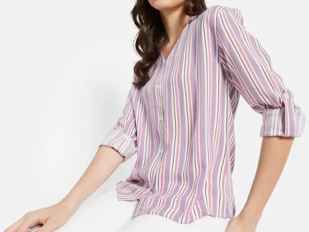 Vertical Stripes  V Neck Shirt With Collar For Cheap