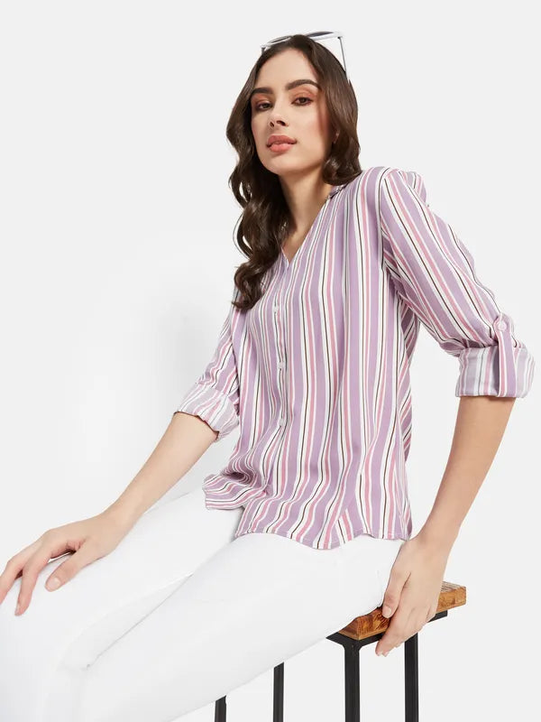 Vertical Stripes  V Neck Shirt With Collar For Cheap