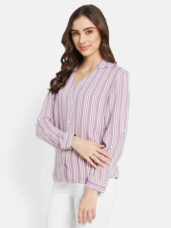 Vertical Stripes  V Neck Shirt With Collar For Cheap