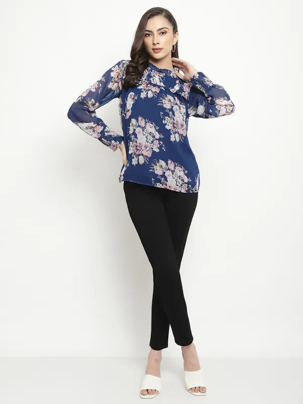 Mettle Floral Printed High Neck Ruffles Regular Top Fashion