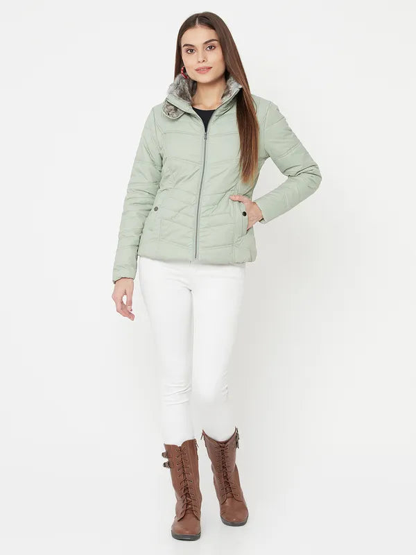 Mettle Women Green Full Sleeve Padded Jacket For Cheap