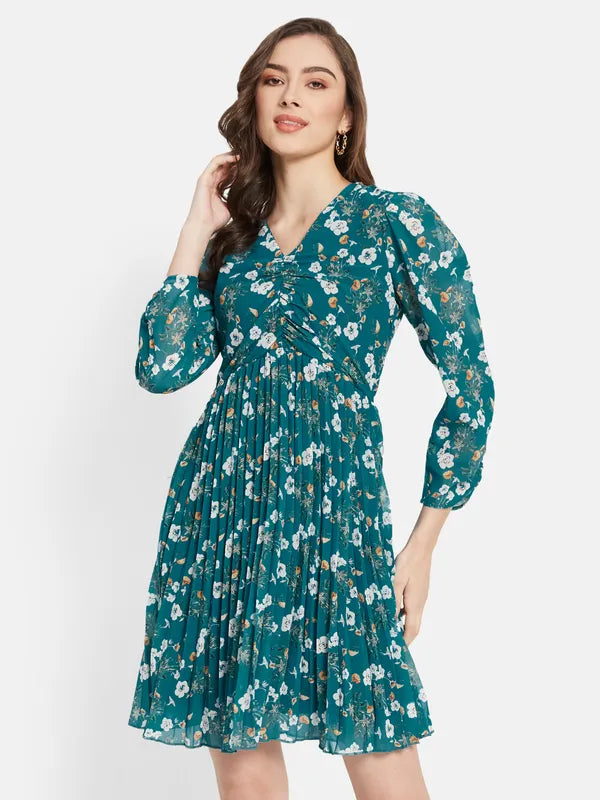 Floral Printed Puff Sleeve Flare Dress For Discount