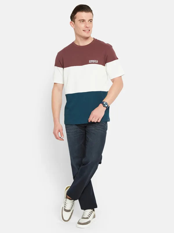 Octave Round Neck Short Sleeves Colourblocked Regular Fit Cotton T-Shirt Online Sale