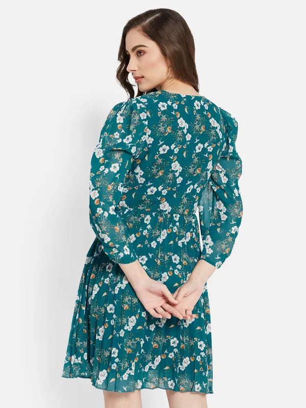 Floral Printed Puff Sleeve Flare Dress For Discount