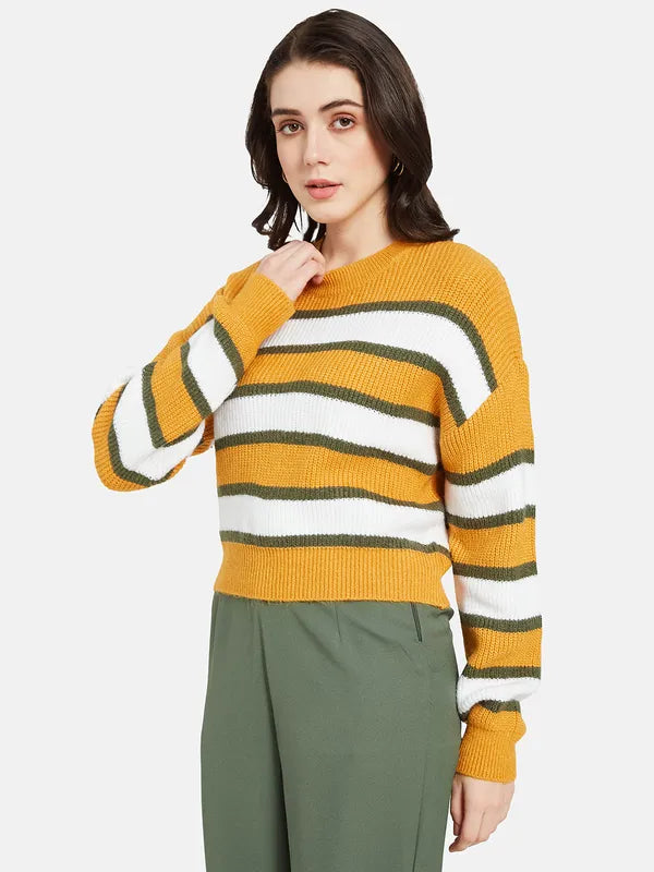 Mettle Women Yellow  Green Striped Pullover on Sale