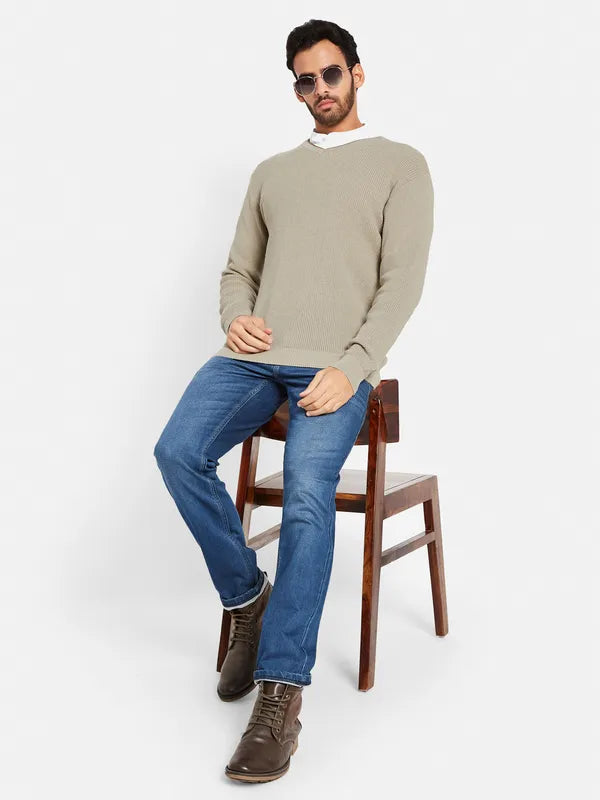 Ribbed V-Neck Cotton Pullover Discount