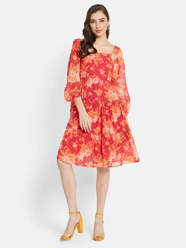 Square Neck Floral Print Three Tier Dress Hot on Sale