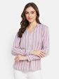 Vertical Stripes  V Neck Shirt With Collar For Cheap