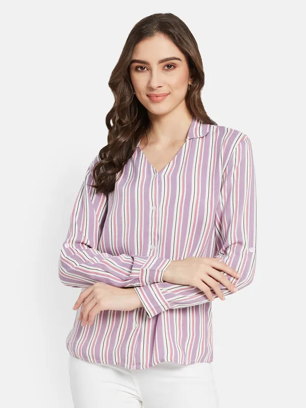 Vertical Stripes  V Neck Shirt With Collar For Cheap