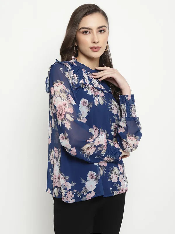 Mettle Floral Printed High Neck Ruffles Regular Top Fashion