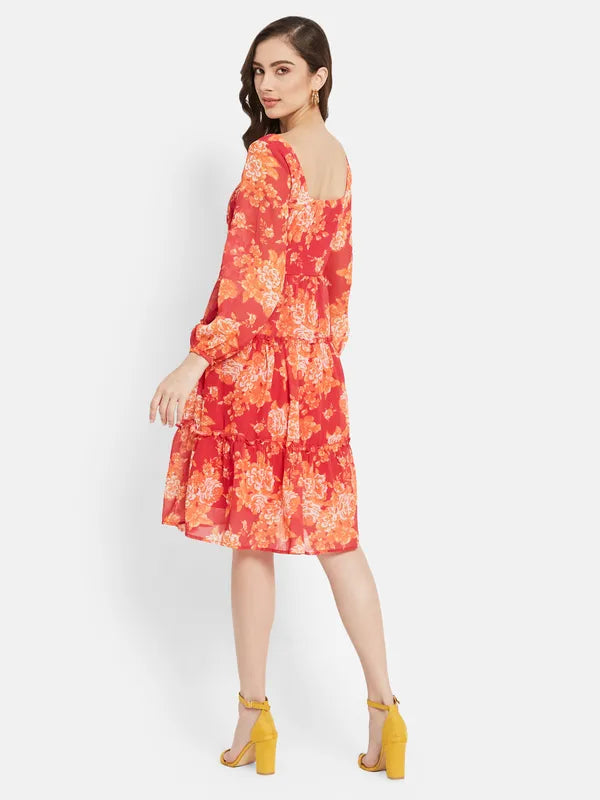 Square Neck Floral Print Three Tier Dress Hot on Sale