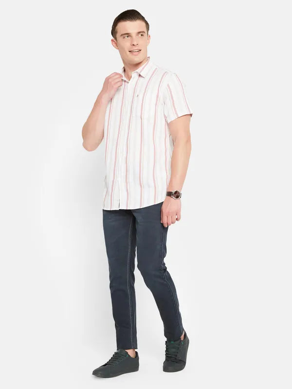 Mettle Vertical Striped Spread Collar Cotton Casual Shirt Discount