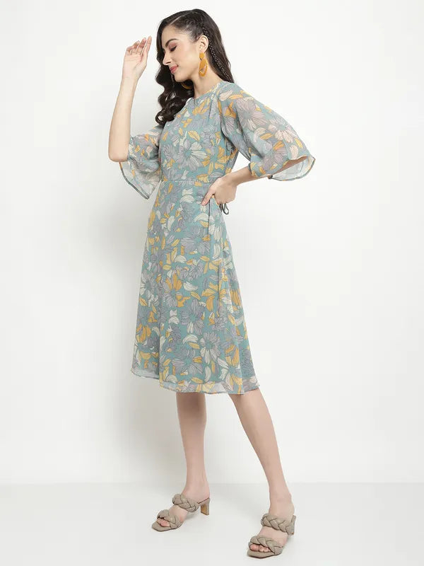 Mettle Floral Printed Flared Sleeve A-Line Dress Online Sale