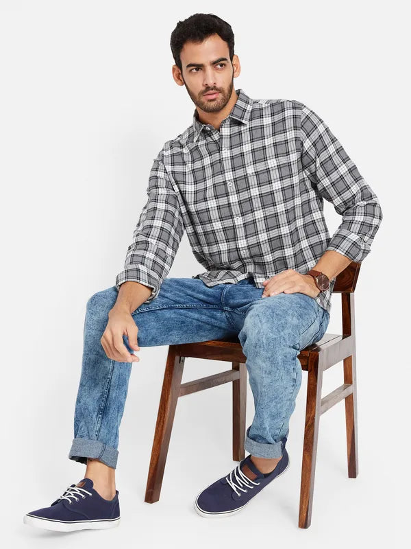 Mettle Men Grey Opaque Checked Casual Shirt Online