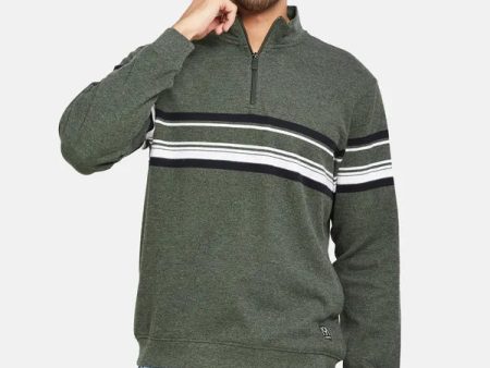 Octave Men Olive Green Striped Sweatshirt For Cheap