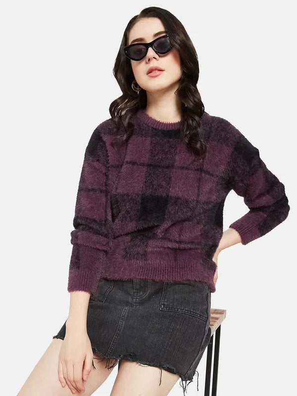 Mettle Women Purple  Black Checked Pullover For Cheap