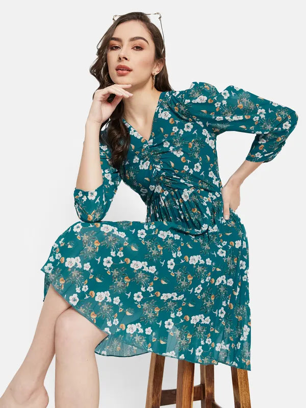 Floral Printed Puff Sleeve Flare Dress For Discount