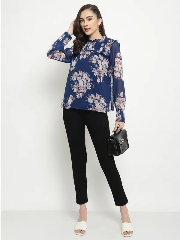 Mettle Floral Printed High Neck Ruffles Regular Top Fashion