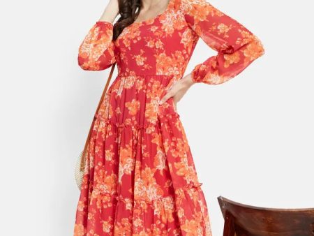 Square Neck Floral Print Three Tier Dress Hot on Sale