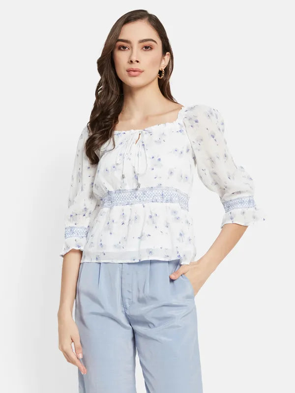 Smocking Floral Print Top Cheap