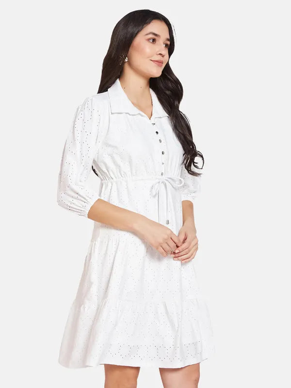 Mettle Self Design Shirt Collar Cotton Fit  Flare Dress Online now