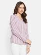 Vertical Stripes  V Neck Shirt With Collar For Cheap