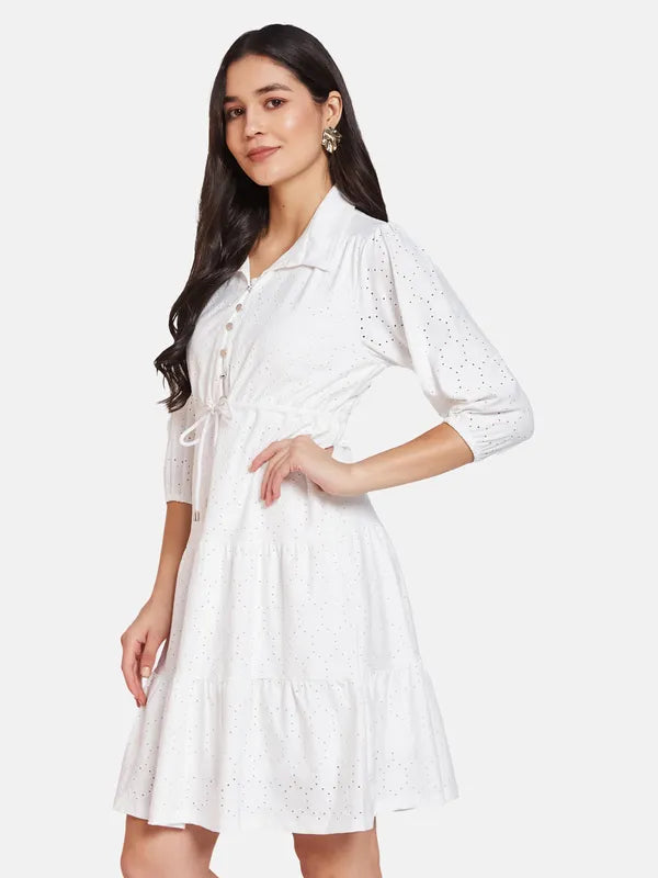 Mettle Self Design Shirt Collar Cotton Fit  Flare Dress Online now