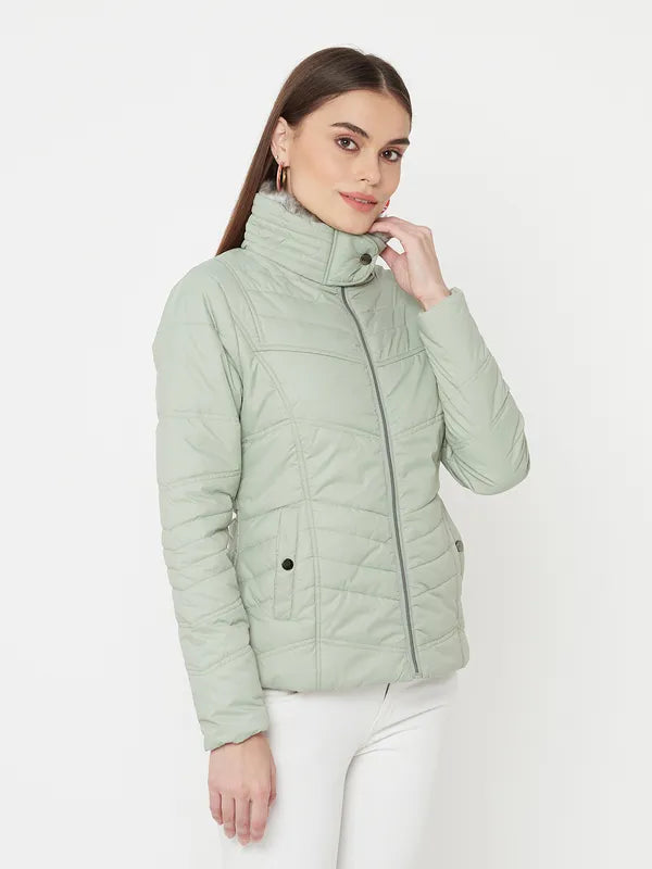 Mettle Women Green Full Sleeve Padded Jacket For Cheap