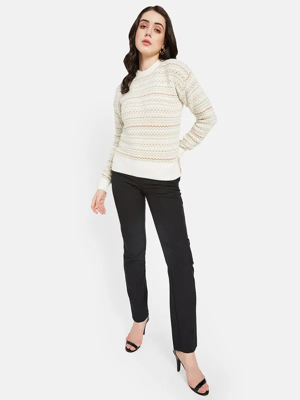 Mettle Women Cream-Coloured  Brown Chevron Printed Pullover Online