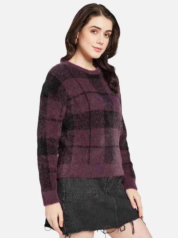 Mettle Women Purple  Black Checked Pullover For Cheap