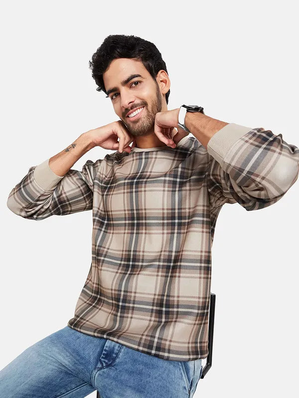 Octave Men Khaki Checked Sweatshirt Hot on Sale