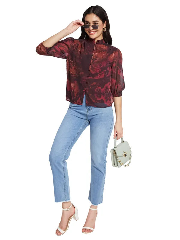 Mettle Floral Print Mandarin Collar Puff Sleeve Cotton Shirt Style Top For Cheap