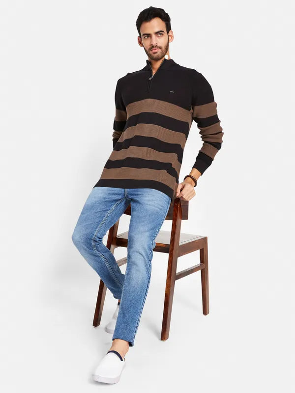 Striped Mock Collar Cotton Pullover Online now