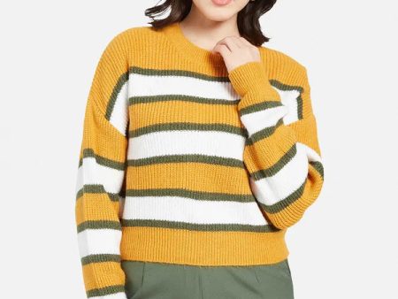 Mettle Women Yellow  Green Striped Pullover on Sale