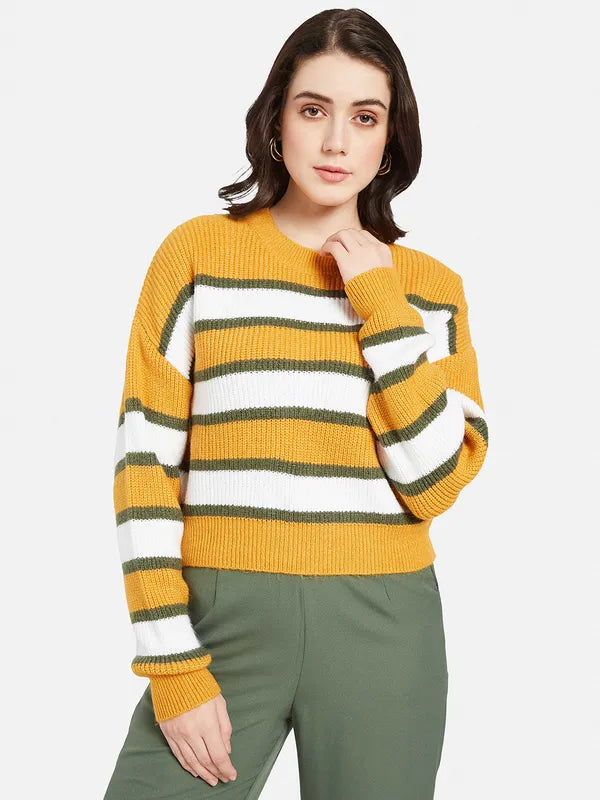 Mettle Women Yellow  Green Striped Pullover on Sale