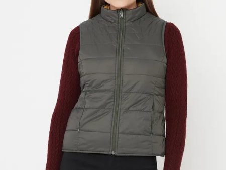 Mettle Women Olive Green Sleevless Puffer Jacket Hot on Sale