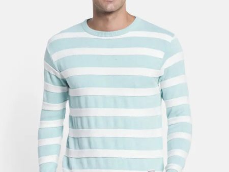 Men Blue White Striped Pullover Cheap