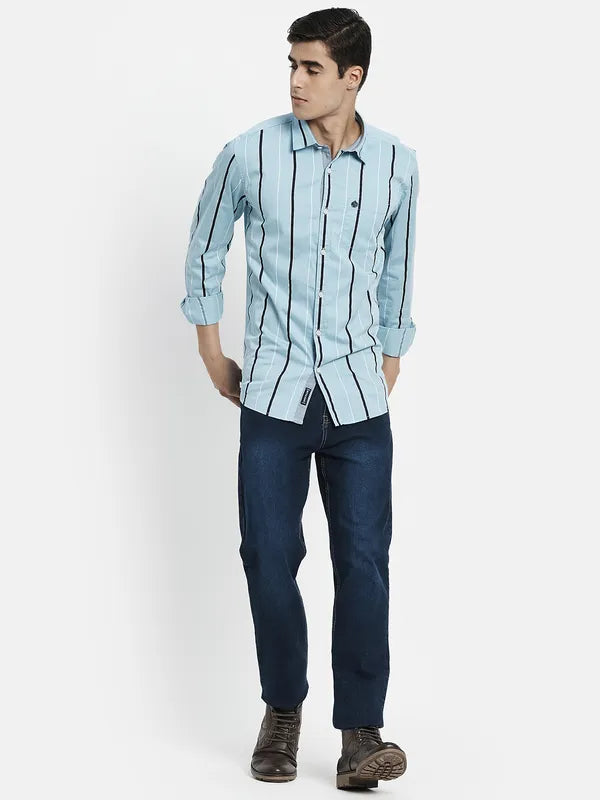 Men Blue Striped Cotton Full Sleeve Casual Shirt Online Hot Sale