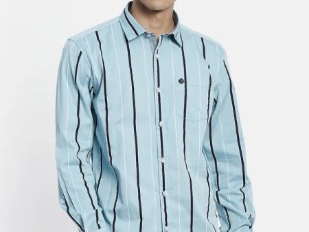 Men Blue Striped Cotton Full Sleeve Casual Shirt Online Hot Sale